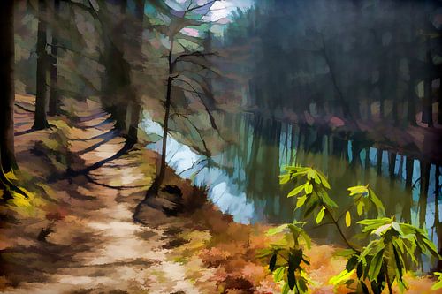 Door het bos, langs het water. 