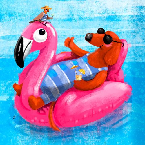 Dackel Tobie schwebt gerne auf seinem rosa Flamingo