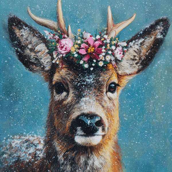 Deer in Floral Winter Poetic Portrait with Snow and Crown by Eva Lee