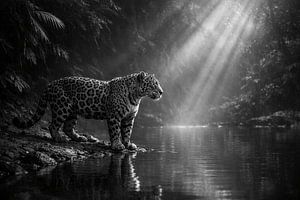 Jaguar au bord d'une rivière tranquille – œuvre d'art en noir et blanc représentant la jungle avec des rayons de lumière mystiques