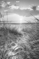 Sonnenaufgang am Ostseestrand in schwarzweiss .