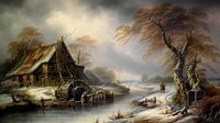 Painting winter landscape with water mill