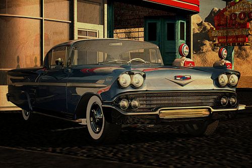 Chevrolet IMPALA 1958 bij een oud benzinestation