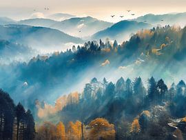 Verträumter wunderschöner Nebelwald im Schwarzwald, Öl von ColorWorldwide