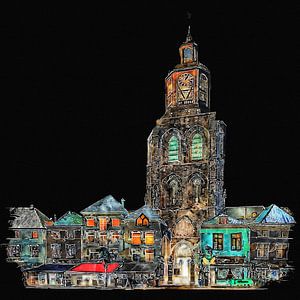 Eglise Saint Gertrudis / Bus du poivre, à Bergen op Zoom, de nuit (art)