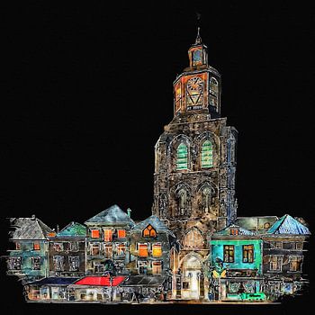 Saint Gertrudis Church / Pepper bus, in Bergen op Zoom , by night (art)