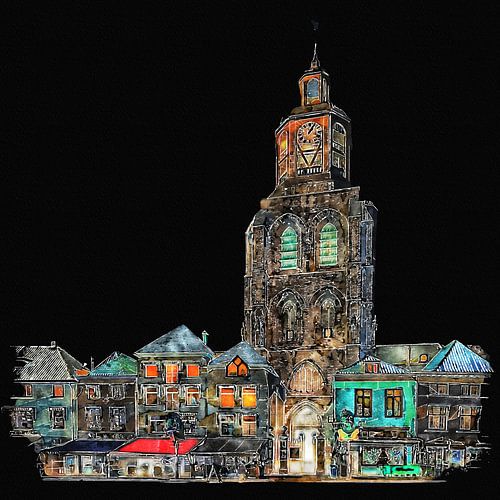 Saint Gertrudis Church / Pepper bus, in Bergen op Zoom , by night (art)