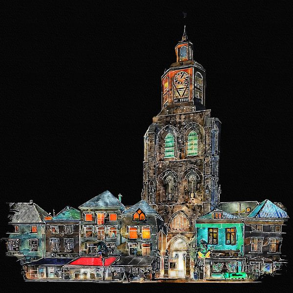 De Sint-Gertrudiskerk / Peperbus, in Bergen op Zoom , by night (kunst) van Art by Jeronimo