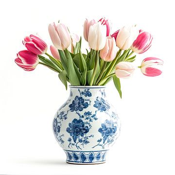 Boeket roze witte tulpen in Delfts blauwe vaas - stilleven van Vlindertuin Art