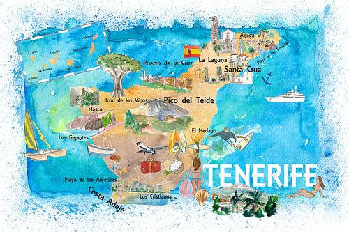 Tenerife Canaries Espagne carte illustrée avec les curiosités et les points forts