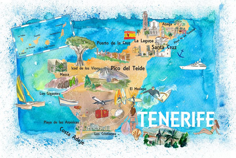 Teneriffa Kanarische Inseln Spanien illustrierte Karte mit Sehenswürdigkeiten und Highlights von Markus Bleichner