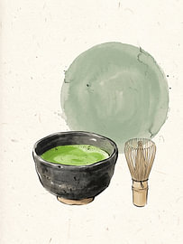 Serene Matcha Bowl and Bamboo Whisk Against a Soft Green Watercolor Circle by my pixel art