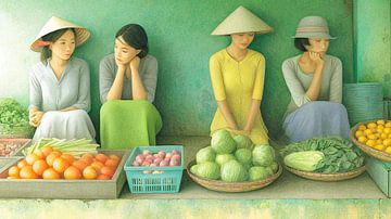 Four women at the market with vegetables by May