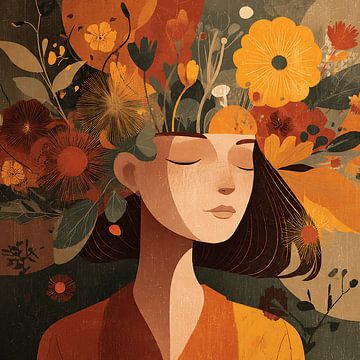 Blooming Mind Vrouw met zwevende bloemblaadjes Moderne platte posterillustratie van Aden Pink Studio