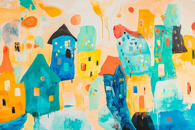 Bunte Häuser in abstrakter Landschaft von Poster Art Shop