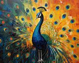 Pauw in Blauw Groen en Oranje van Blikvanger Schilderijen thumbnail