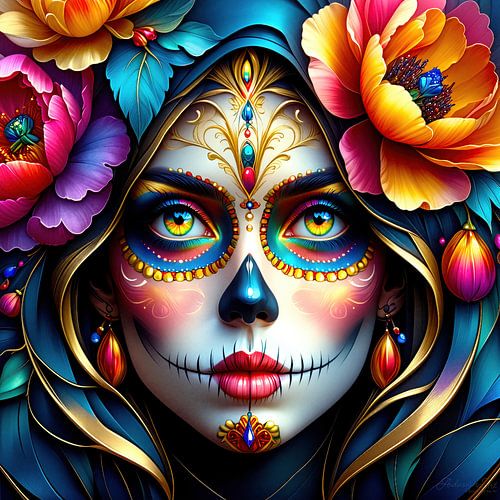 Día de los Muertos – Drei durchdringende Blicke in La-Catrina-inspirierter Darstellung, künstlerischer Intensität und kultureller Tiefe, ein Triptychon das den Tag der Toten in Mexiko feiert (3 von 3) von AidasignArt