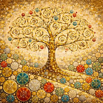 Arbre de vie or rouge bleu