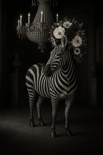 Zebra met bloemenkroon – zwart-wit kunstwerk vol karakter