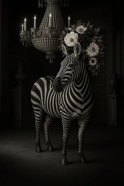 Zebra mit Blumenkrone - charaktervolles Schwarz-Weiß-Kunstwerk von Kleurenrijk