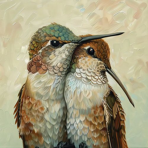 Hummingbird Art | Tender Beak Caress Tale by Eye catching paintings
