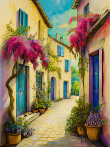 Stimmungsvolle und verträumte mediterrane Gasse mit Blumen und blauen Fensterläden