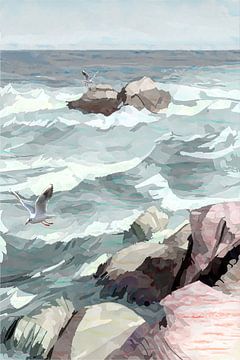 Paysage marin avec des rochers, de hautes vagues et des mouettes sur Anna Marie de Klerk