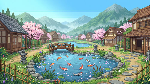Das friedliche Koi-Dorf – Japanische Pixelkunst zum Frühling