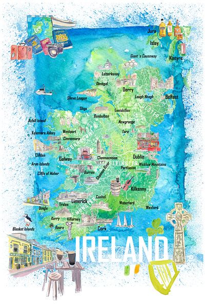 Irland Illustrierte Reisekarte mit Straßen und Highlights von Markus Bleichner