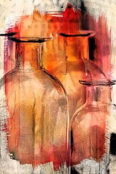 Digitaal schilderij, Flessen in rood. van Ellen Driesse