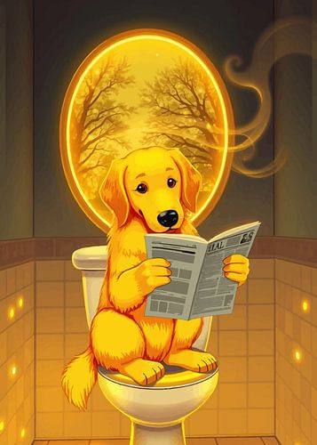 Daily News Time – Cartoonillustratie van een golden retriever in de badkamer