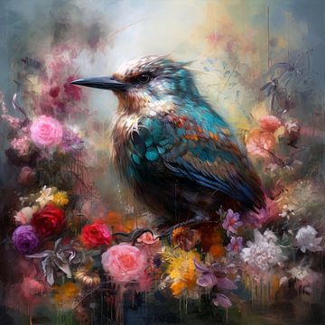 Bird among the variegated flowers by Bart Snippert