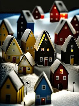 Miniatuur stad winter sneeuw nacht huizen ramen lichten van gm_designs