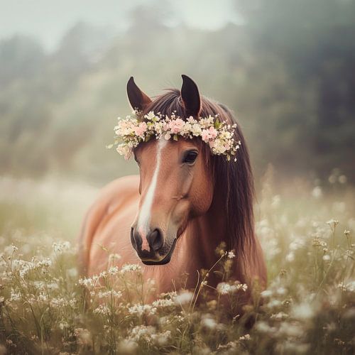 Bloeiend paard in de ochtendmist