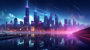 Moderne Cyberpunk-Stadtskyline bei Nacht mit Neonlichtern, Kunstdesign
