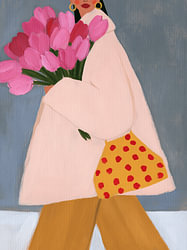 Portrait moderne d'une femme avec des tulipes roses