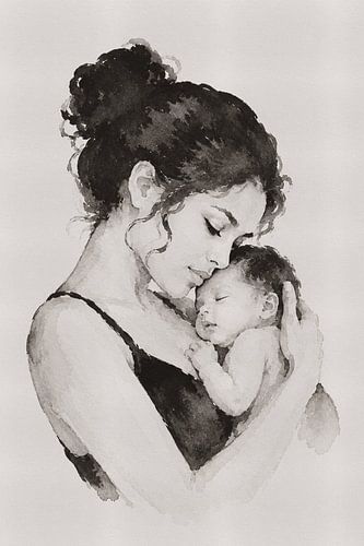 Tender Ink – Mother and Child in Indian Ink Portrait