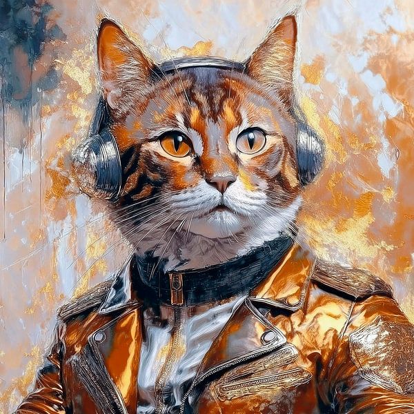 Katze in robuster Motorrad-Lederjacke und Kopfhörern von Marjolein Deelen