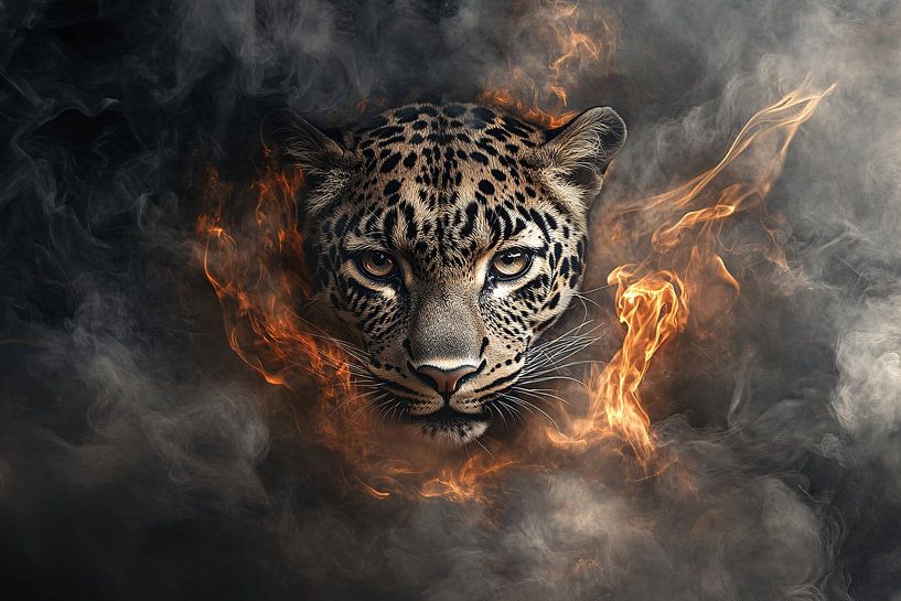 Leopard in Rauch und Flammen von Art & Soul Creations