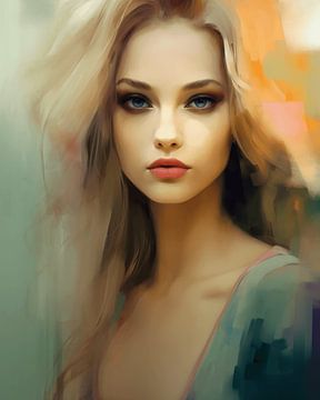 Portret van een jonge blonde vrouw in pastelkleuren van Studio Allee