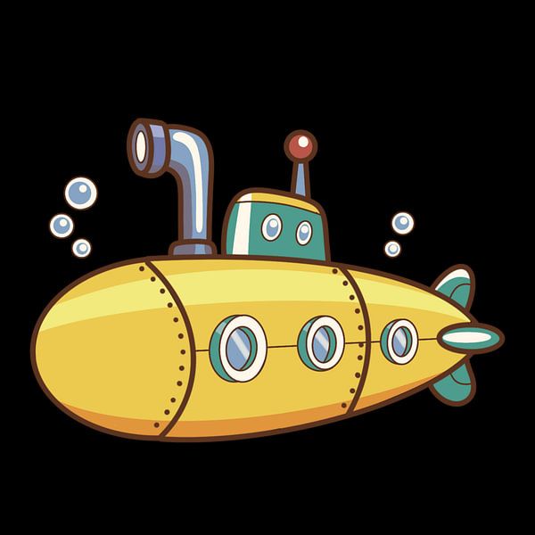 Cute yellow cartoon submarine with a periscope and porthole windows by riz_studio