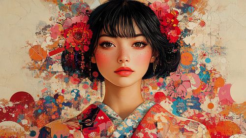 Japanische Frau im roten Kimono