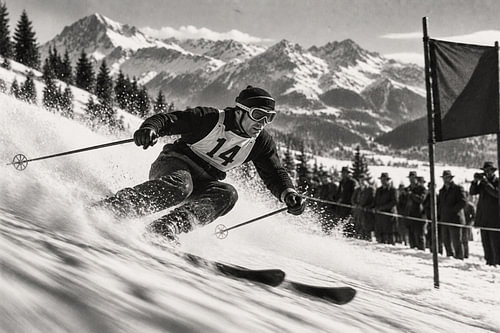 Vintage slalomskiër – Poedersneeuw-spray-actie