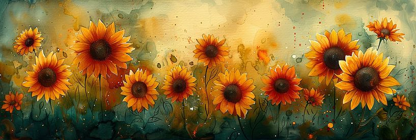 Colourful sunflowers on watercolour background painting by Poster Art Shop