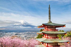 Vue grandiose sur le Mont Fuji avec la pagode Chureito pendant la floraison des cerisiers