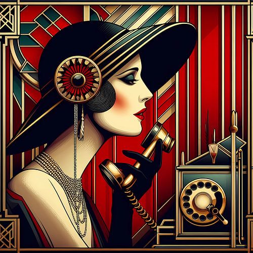 Vrouw met telefoon Art Deco