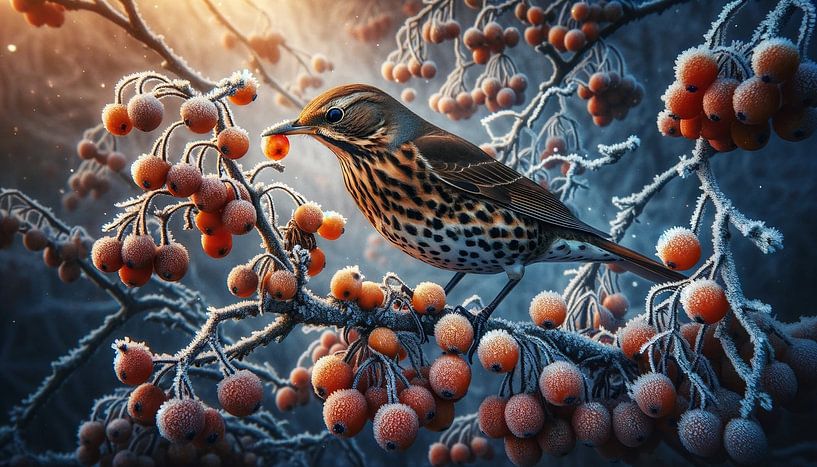 Wintermaaltijd: vogels knabbelen aan vriesbessen van artefacti