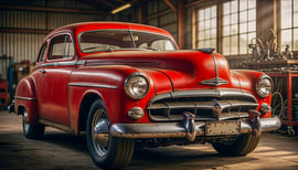 Gros plan sur une voiture de collection rouge garée dans un ancien hangar d'aviation transformé en atelier