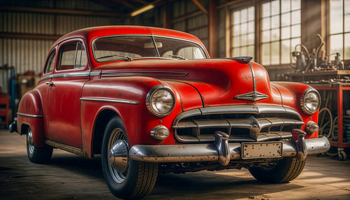 Close-up van een rode oldtimer die geparkeerd staat in een oude vliegtuighangar die als werkplaats wordt gebruikt