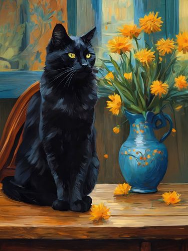 Zwarte kat naast bloemen in een vaas
